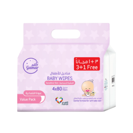 قمر _ مناديل للأطفال للبشرة الحساسة  عبوة اقتصادية (3+1 مجاناً) 4 عبوات × 80 منديل